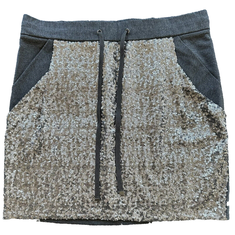 Ann Taylor Pull On Short Skirt Gray and Pewter Tone Sequin Stretch Pockets Sz M